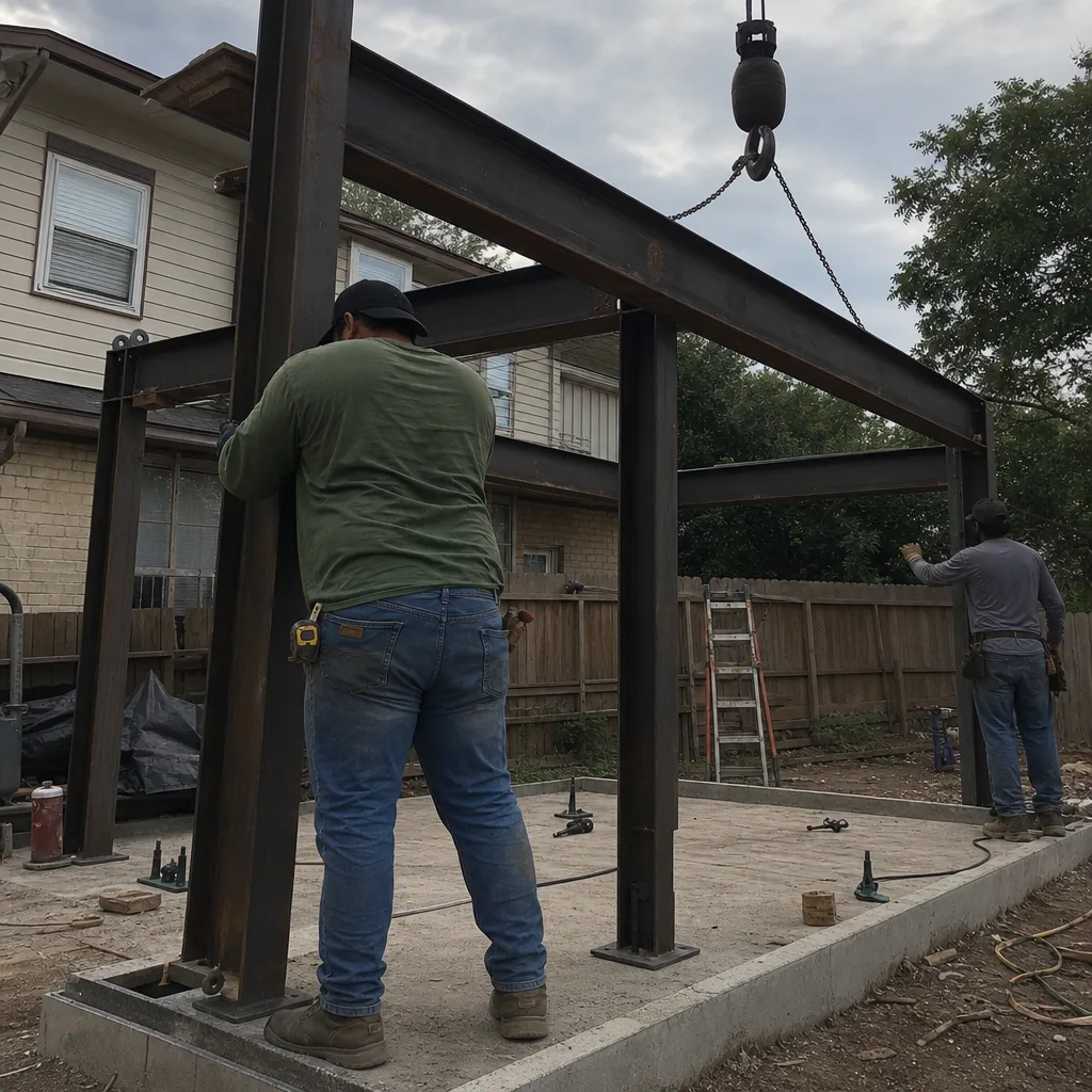 Two builders installing a steel frame for a backyard ADU project
