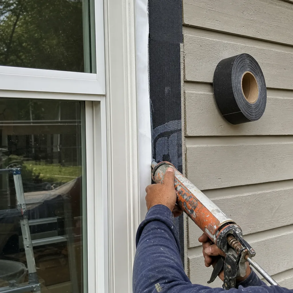 Contractor applying sealant to a newly installed home addition window