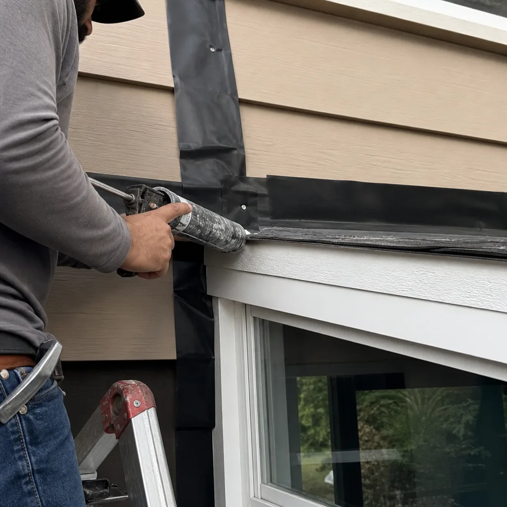 Contractor applying sealant to exterior window flashing during home renovation