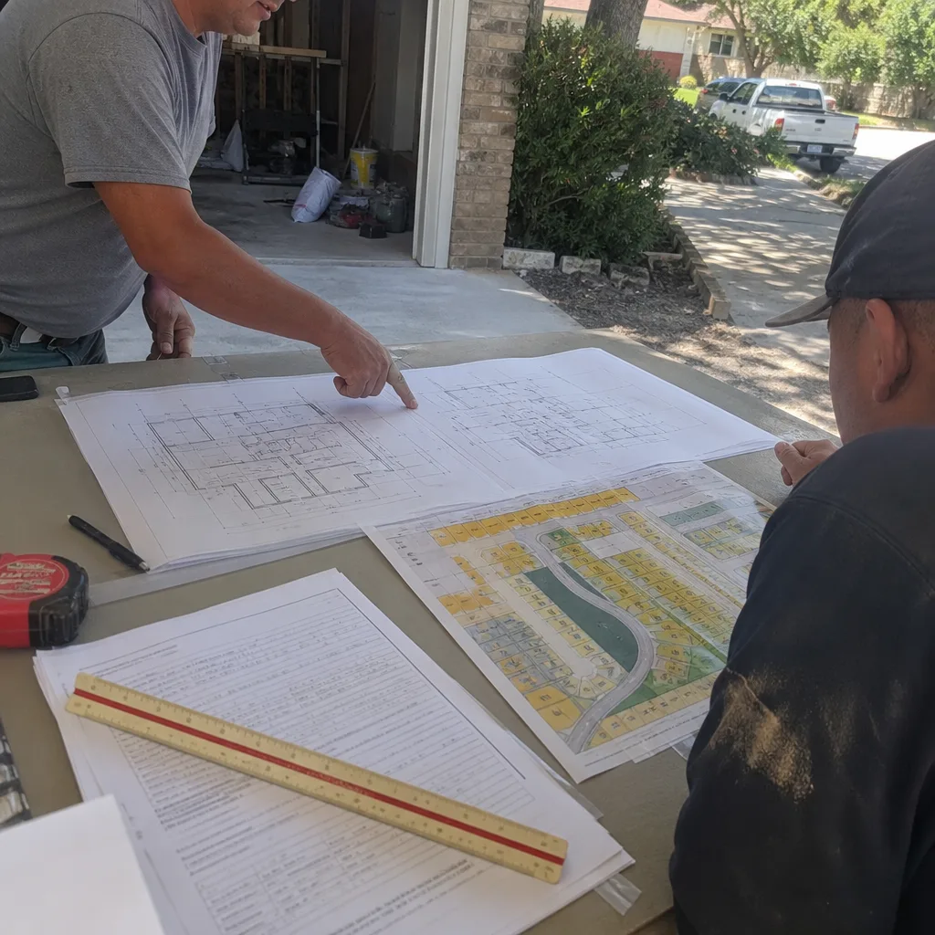 Contractors reviewing construction blueprints and site plans for a room addition