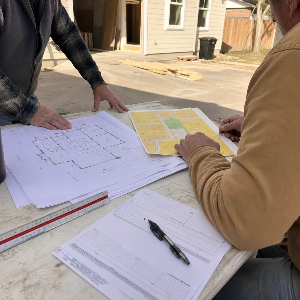 Contractors reviewing construction blueprints and site plans for a home addition